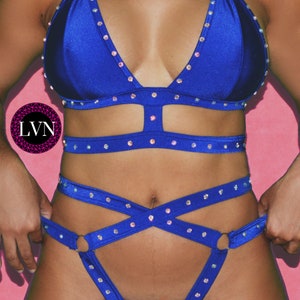 Rhinestone Body Cage Two‑Piece Double Strap Thong and Top