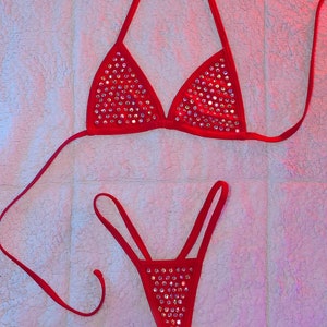Colorful Sparkling Rhinestone Bikini Set - Semi-Micro Thong & Top