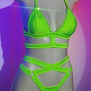 Body Cage Two‑Piece Double Strap Thong and Top Exotic Rhinestone image 1