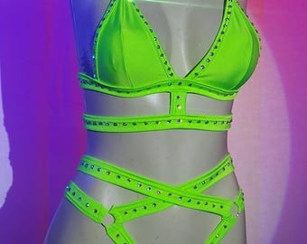 Body Cage Two‑Piece Double Strap Thong and Top Exotic Rhinestone