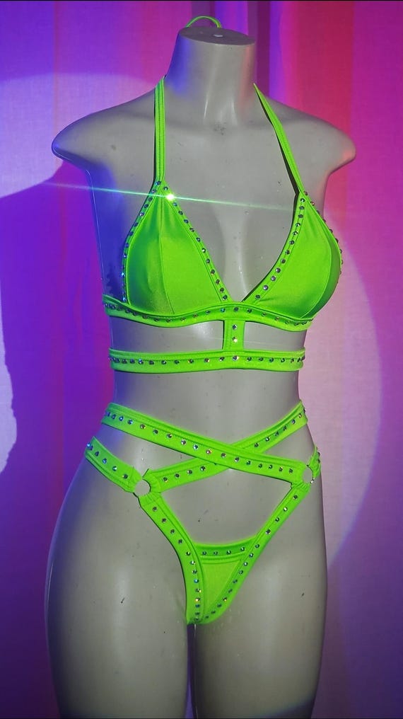 Body Cage Two‑Piece Double Strap Thong and Top Exotic Rhinestone