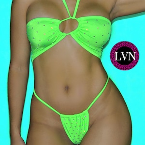 Stripper Outfit Rhinestone Embellished Micro Tube Top and Thong Two-Piece - Exotic Dancewear with Adjustable String Straps for the Tube Top