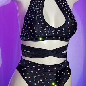 High Waist Exotic Dancewear Rhinestone Two‑Piece