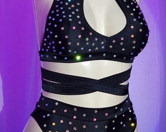 High Waist Exotic Dancewear Rhinestone Two‑Piece