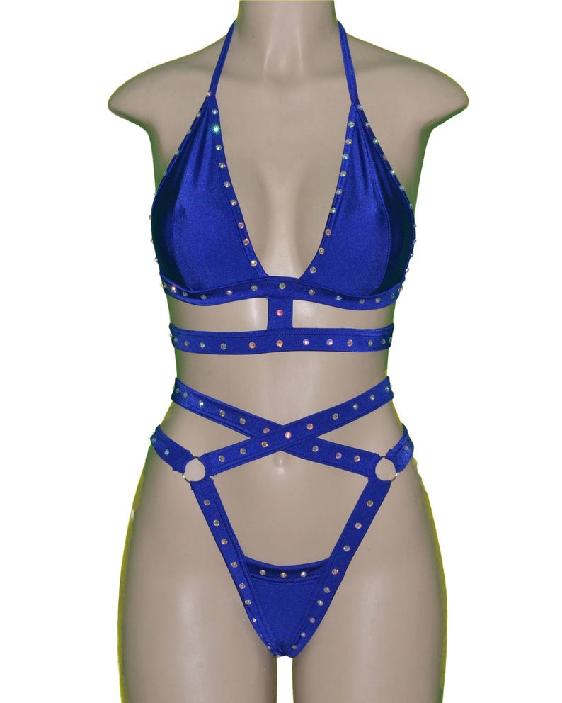 Body Cage Two‑Piece Double Strap Thong and Top Exotic Rhinestone image 5