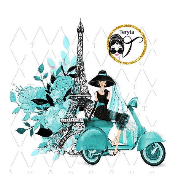 Audrey Hepburn Paris Eiffel Tower Breakfast at Tiffany's Retro  scooter Motorcycle  Blue Sublimation Wall art Print illustration, card