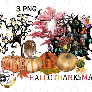 May include: A digital illustration of a spooky Halloween scene with a haunted house, a tree, an owl, and pumpkins. The text "Hallothanksmas" is written in the bottom right corner of the image.