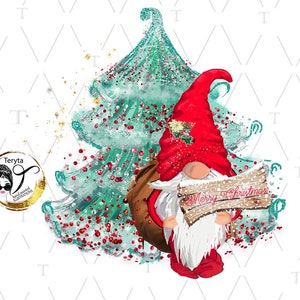 Christmas gnome PNG clipart SANTA Claus gnome cute hand drawn watercolor clipart Watercolor Gnome Merry Christmas text Wood Sign Billboard