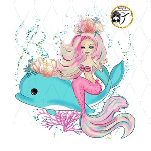 Meerjungfrau Blau Delphin PNG Märchen Sirene Fantasie Tier Fee Meer Ozean Sommer Tropisch T-Shirt Design druckbare Sublimation Kinder