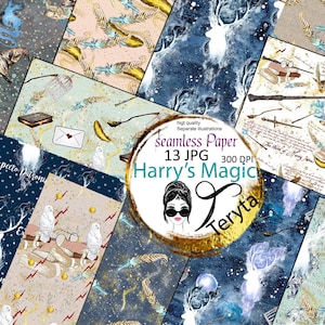 Art de sorciers en papier numérique Harry Magic Baguette magique Livres de magie monde du ciel magique Illustrations de l'école de sorciers modèle sans couture