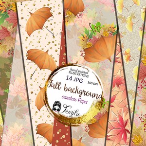 May include: A set of 14 digital seamless patterns featuring autumn leaves, umbrellas, and ginkgo leaves in shades of orange, yellow, red, and green. The patterns are perfect for fall-themed crafts, scrapbooking, and digital design projects.  "Hand painted illustrations 14 JPG 300 DPI Fall background seamless Paper"