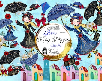 Mary Poppins Clipart: Hand-Drawn Fantasy Illustrations (PNG)