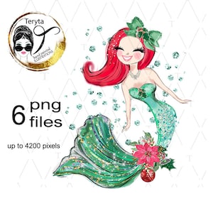 Weihnachten Meerjungfrau Clipart, süße Meerjungfrau Kunst Illustration, Kinder Druck, digitale PNG, Märchen, Sirene, Fantasy Tier, Fee Sublimation