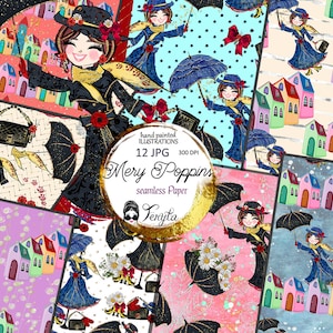 Mary Poppins Dream Digitaal papier Magisch vliegend meisje Fantasie Kinderen Illustratie Naadloos digitaal papier, digitaal patroon, plakboekpapier