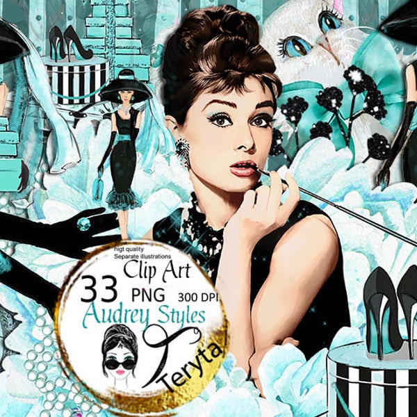 Breakfast at Tiffany's Retro clipart, Audrey Hepburn png clipart, Sublimation, Audrey Hepburn illustrations blue mint peonies