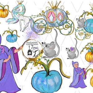 Fata Madrina Cenerentola Clipart, Carrozza di zucca PNG, carrozze di Cenerentola Png, topo carino, cavallo magico, bacchetta magica PNG, Forniture POD