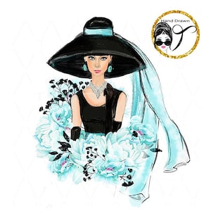 Audrey Hepburn png clipart, Mint Blue, Desayuno en Tiffany's ClIpart, Diseño de sublimación, Ilustración de Hepburn, tarjeta, imágenes prediseñadas de estilos retro