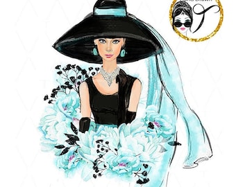 Audrey Hepburn Clipart: Mint Blue, Breakfast at Tiffany's Illustration (PNG, JPG)