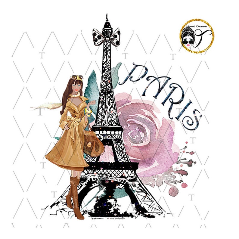 Puede incluir: Una ilustraci&oacute;n de acuarela de la Torre Eiffel en Par&iacute;s, Francia. Una mujer con un abrigo y botas marrones se encuentra frente a la torre, sosteniendo un bolso marr&oacute;n. El fondo presenta una rosa de acuarela rosa.