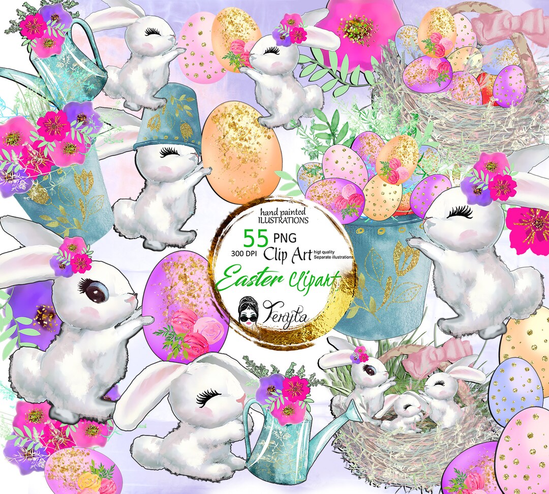 Watercolor Easter Bunny Clipart: Glitter Eggs & Spring Flowers (PNG ...