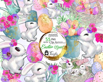 May include: A set of 55 hand-painted Easter clip art images. The images feature bunnies, eggs, flowers, and other spring-themed elements. The images are perfect for creating invitations, cards, and other crafts.