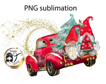 May include: A red vintage pickup truck with a white snow-covered roof, carrying two gnomes with white beards and red hats. The gnomes are holding a green Christmas tree. The truck has a "Merry Christmas" sign on the side.
