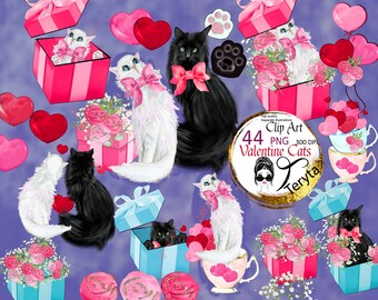 May include: A set of 44 digital clip art images featuring Valentine's Day themed cats. The images are in PNG format and are 300 DPI. The images feature cats in various poses, including sitting, standing, and lying down. The cats are wearing hearts, bows, and other Valentine's Day themed accessories. The images are perfect for creating Valentine's Day cards, invitations, and other crafts.