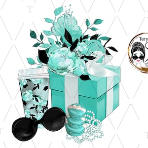 May include: A turquoise gift box with a white ribbon and a floral design. The box is surrounded by a turquoise cup, sunglasses, macarons, and a pearl necklace. The image also includes a logo for "Teryta Hand Painted Illustrations".