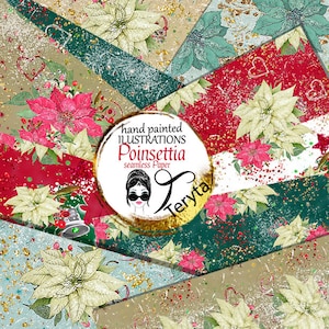 Poinsettia digitaal papier Kerstvakantie bloemenachtergrond Kerstbloemen Rood Groen Glitter naadloos patroon Kersttijdpapier