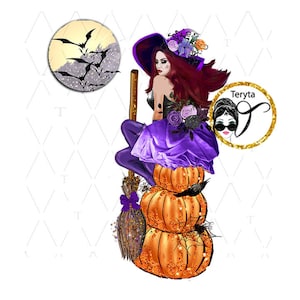 Halloween Heks illustratie Heks met een bezem Fantasie magisch kunstwerk Heksenkunst Mooie heks zittend op pompoen Sublimatieontwerpen