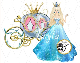 May include: A blue princess dress with a sparkling bodice and a gold crown. The princess is standing next to a gold and blue carriage with pink curtains.