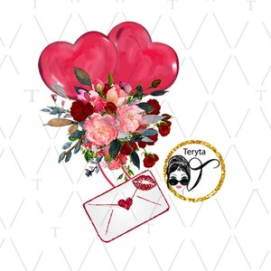 バレンタインデー、ラブパーティー、赤い風船、ピンクの牡丹の花束、赤いバラ、ロマンチックな結婚式、カードデジタル、PNG、印刷可能なアート、PNG、JPG