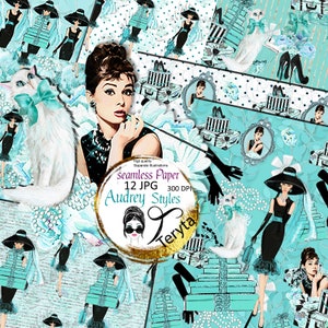 Śniadanie u Tiffany'ego Cyfrowy papier, Audrey Hepburn Cyfrowy papier, Styl retro Bezszwowe cyfrowe papiery, Cyfrowy wzór, Papier do scrapbookingu