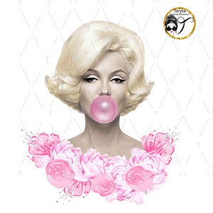 Puede incluir: Una ilustración digital de una mujer con cabello rubio soplando una burbuja rosa. Lleva un collar de flores rosas.