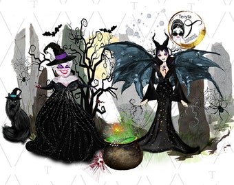 Imágenes prediseñadas PNG de villanos de la Reina Malvada: Brujas góticas, gato negro (descarga digital)