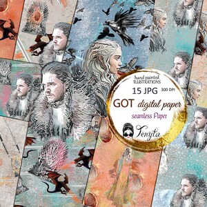 Può includere: Un pacchetto di carta digitale con 15 motivi senza cuciture che presentano personaggi e simboli del popolare programma televisivo Game of Thrones. I motivi includono draghi, lupi mannari, il Trono di Spade e vari personaggi dello show. I motivi sono in una varietà di colori, tra cui blu, rosso, arancione e bianco.