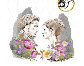 Ilustración de Claire y Jamie dibujada a mano en Outlander (descarga digital PNG)