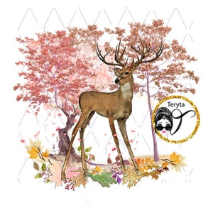 Watercolor Deer with horns Autumn forest trees Reindeer Forest clip art Stag Illustration, Fall deco Printable Wall Art, Sublimation Design