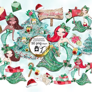 Meerjungfrauen Weihnachten Cliparts, Niedliche Meerjungfrau Illustrationen, Unterwasser Meerjungfrauen, Weihnachtsbaum mit Dekorationen, schwarze Meerjungfrau