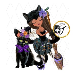 Mago piccola strega e gatto nero clipart gatto piccola donna Illustrazione della strega di Halloween Opere d'arte magiche fantasy Disegni di sublimazione dell'arte della strega