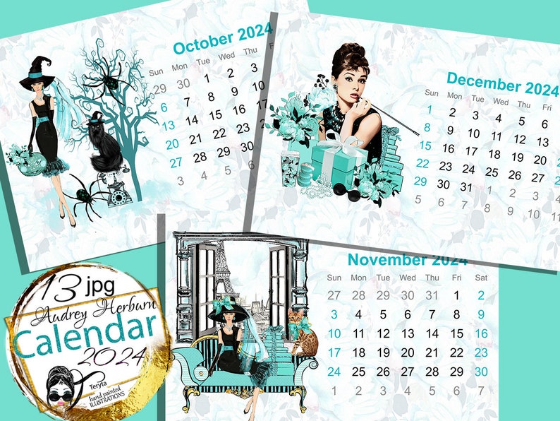 2024 CALENDAR Audrey Hepburn 13 JPG the 12 Months of the Year With
