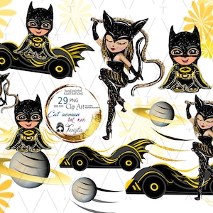 Gato Mulher Morcego Clipart Ilustrações digitais adesivos Designs de sublimação, ilustração de desenho animado, impressão de arte de parede, cartão para impressão