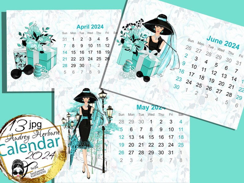 2024 CALENDAR Audrey Hepburn 13 JPG the 12 Months of the Year With