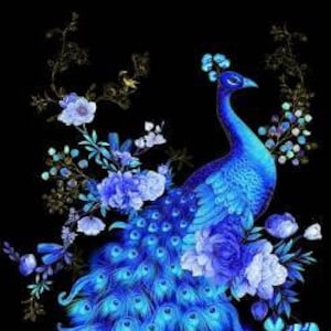 Black Royal Blue Peacock Metallic Panel. Royal Plume by Chong-a Hwang Collection. Timeless Treasures. 100% Cotton Fabric Panel.