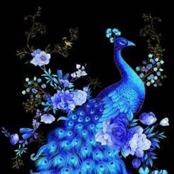 Black Royal Blue Peacock Metallic Panel. Royal Plume by Chong-a Hwang Collection. Timeless Treasures. 100% Cotton Fabric Panel.