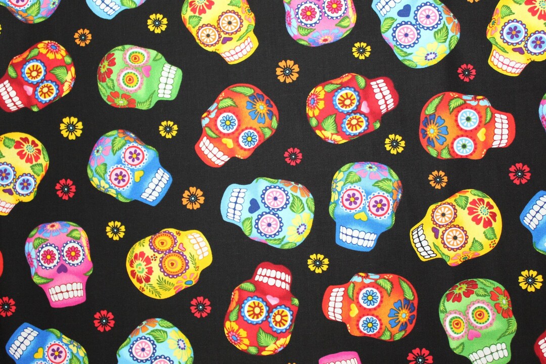 Timeless Treasures Black Sugar Skulls 100% Cotton Fabric by the Half ...
