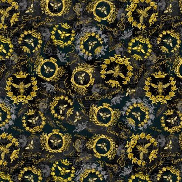 Queen Bee Golden Crest Timeless Treasures. 100% Cotton Fabric By the Half Yard.