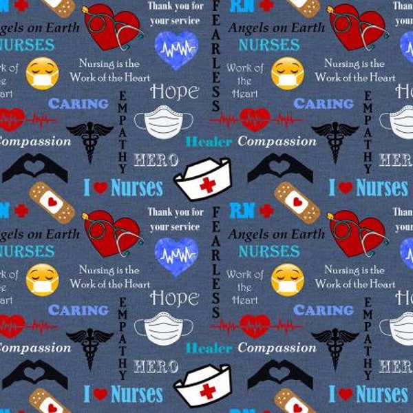 Denim Nurse Hero All Over. 100 % Cotton Fabric by the Half Yard.