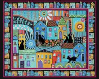 Multi Folktown Cats Panel. From Benartex by Gerard, Karla. 100% Cotton Fabric Panel.