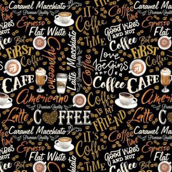 For The Love of Coffee by Nicole Decamp Collection. Fresh Brewed Words. 100% Cotton Fabric sold by the HALF YARD.